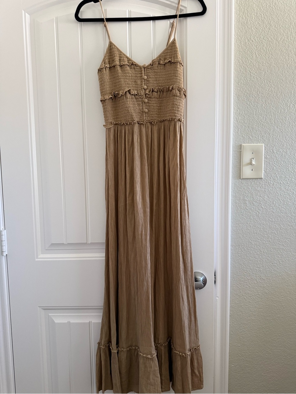 aerie Tan Smocked Maxi Dress with Spaghetti Straps